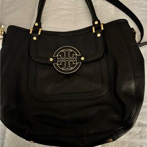 Tory Burch Black Leather Shoulder Bag with Gold Accents
